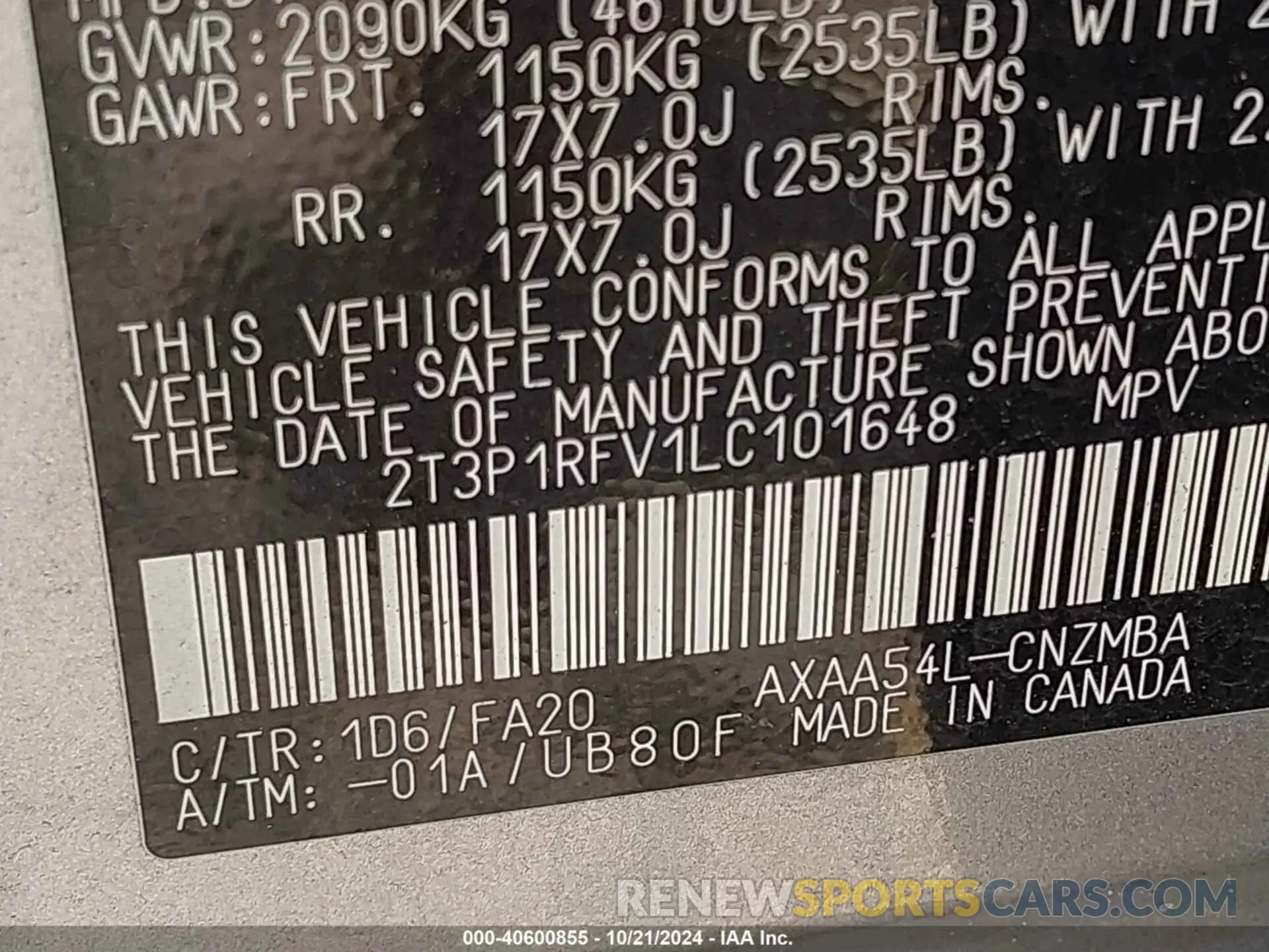 9 Фотография поврежденного автомобиля 2T3P1RFV1LC101648 TOYOTA RAV4 2020
