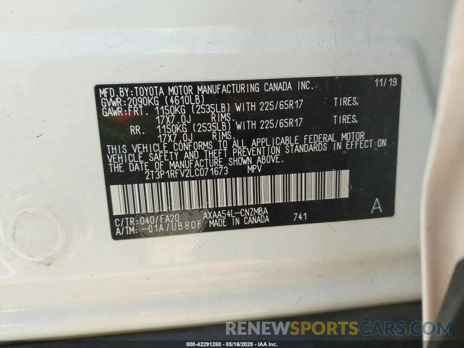 9 Photograph of a damaged car 2T3P1RFV2LC071673 TOYOTA RAV4 2020