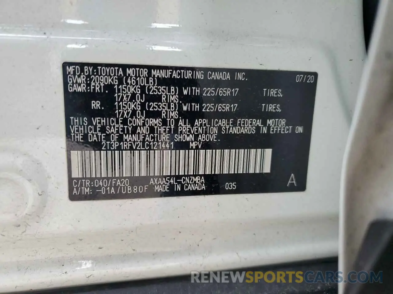 13 Photograph of a damaged car 2T3P1RFV2LC121441 TOYOTA RAV4 2020
