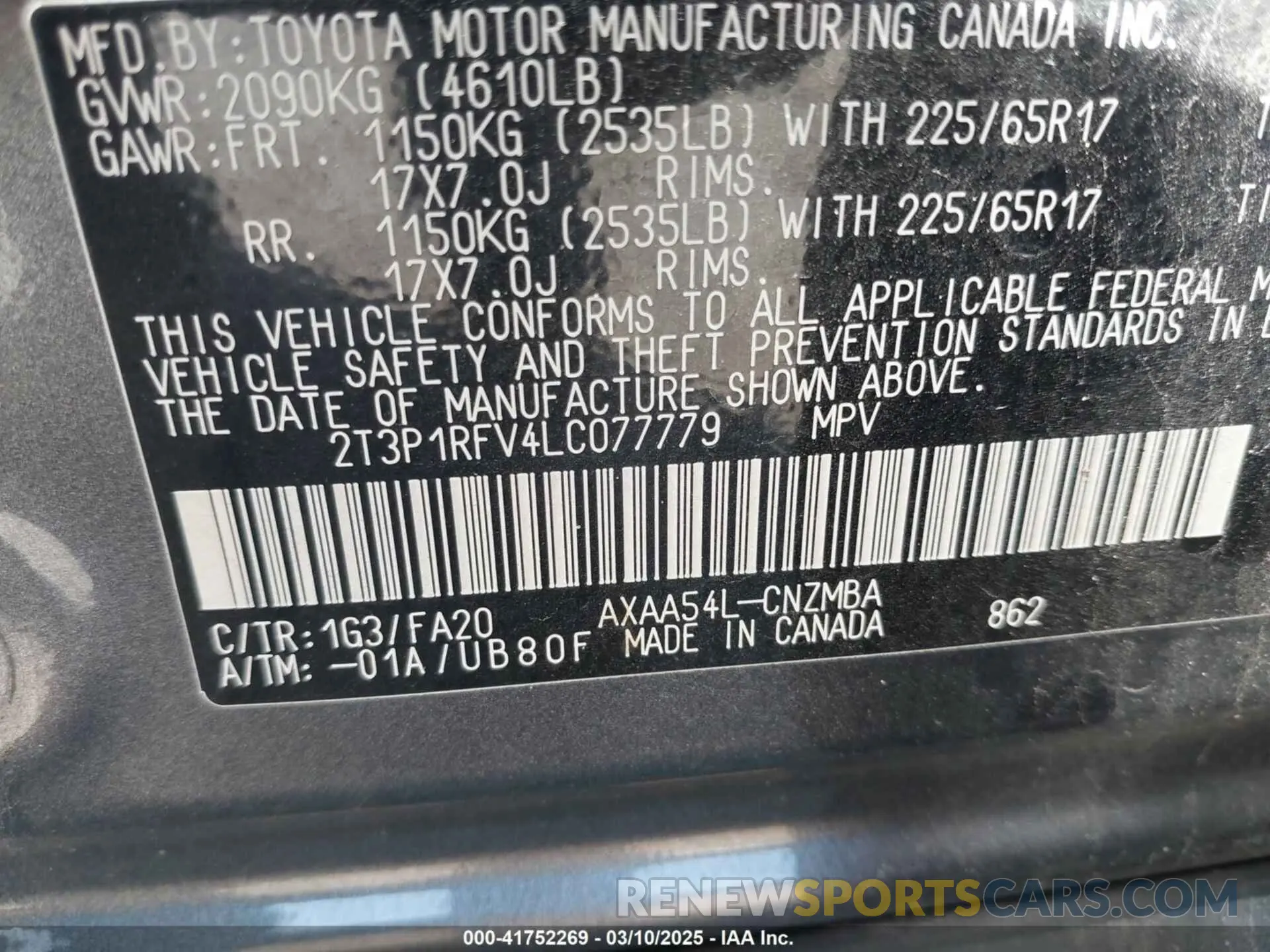 9 Photograph of a damaged car 2T3P1RFV4LC077779 TOYOTA RAV4 2020