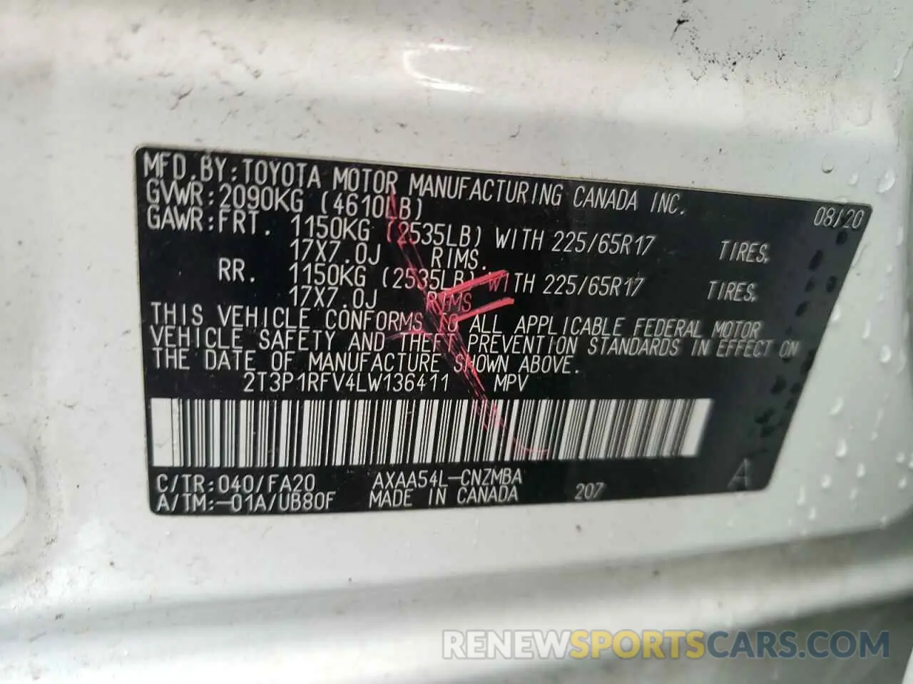 13 Photograph of a damaged car 2T3P1RFV4LW136411 TOYOTA RAV4 2020