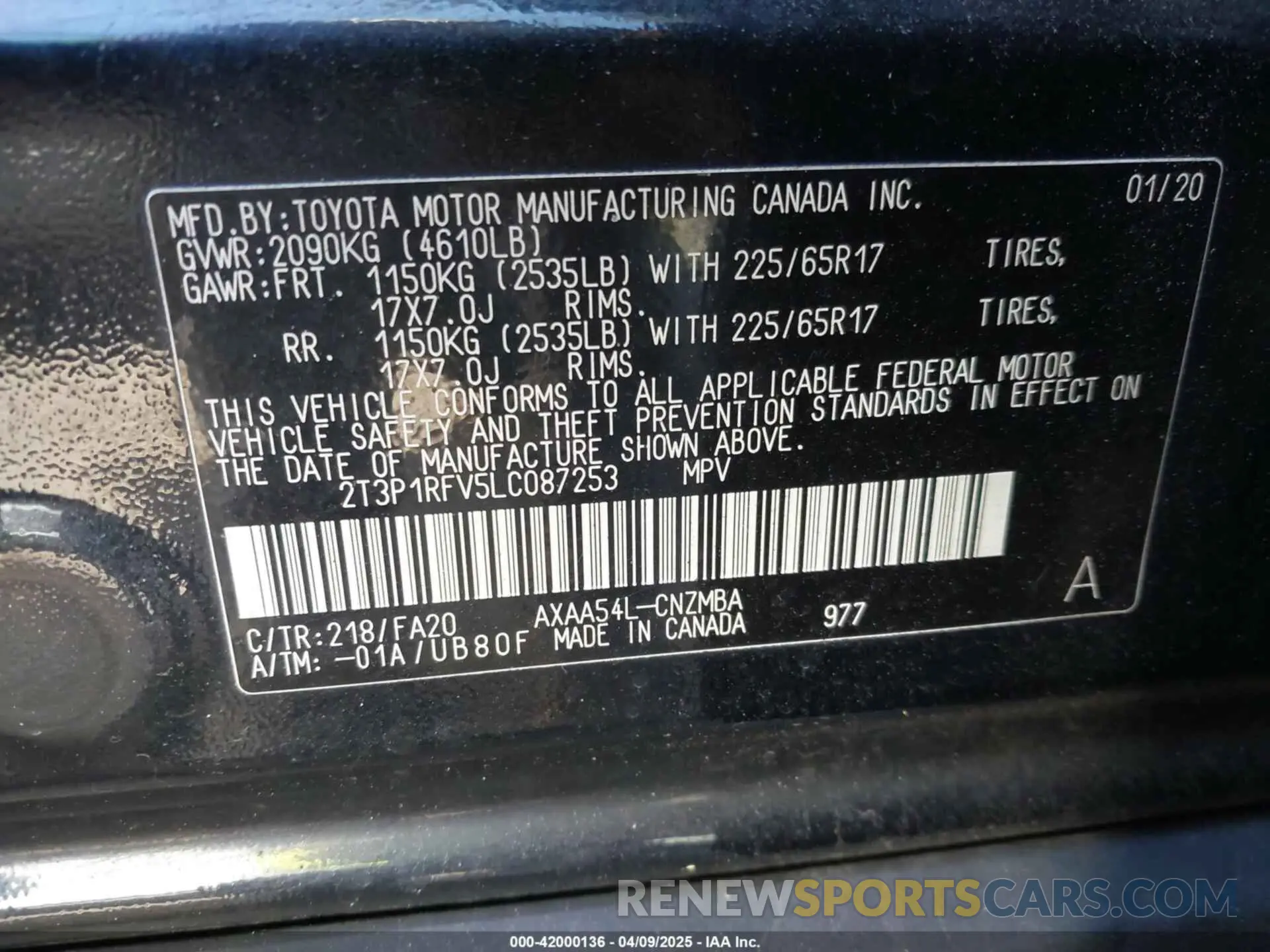 9 Photograph of a damaged car 2T3P1RFV5LC087253 TOYOTA RAV4 2020