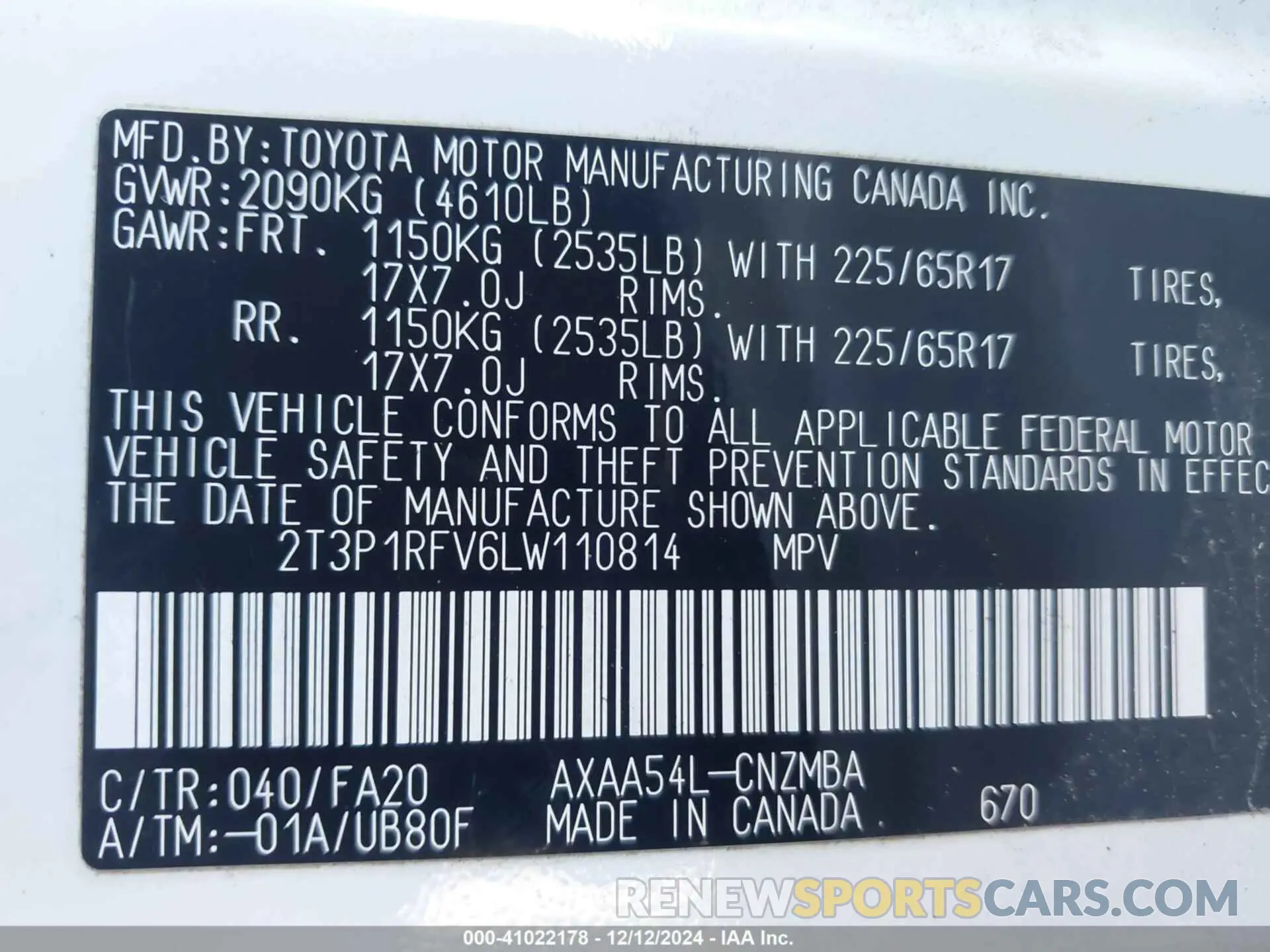 9 Фотография поврежденного автомобиля 2T3P1RFV6LW110814 TOYOTA RAV4 2020