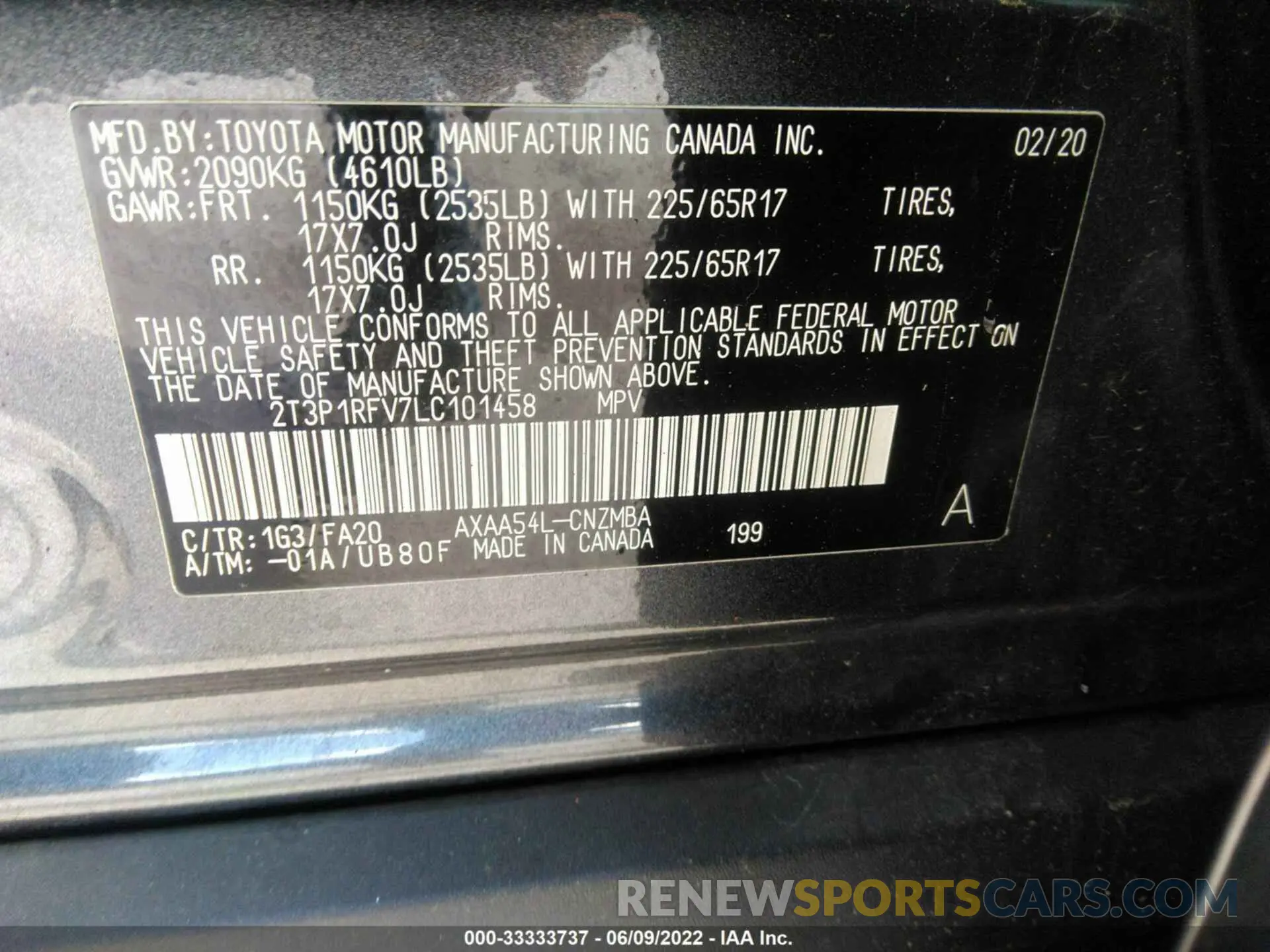 9 Photograph of a damaged car 2T3P1RFV7LC101458 TOYOTA RAV4 2020