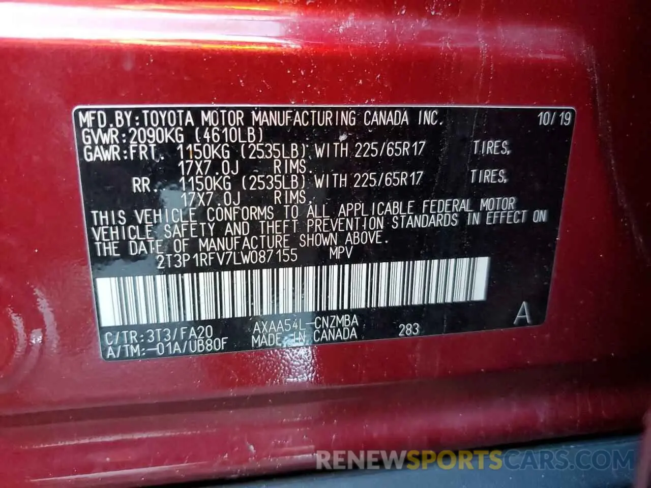 13 Фотография поврежденного автомобиля 2T3P1RFV7LW087155 TOYOTA RAV4 2020