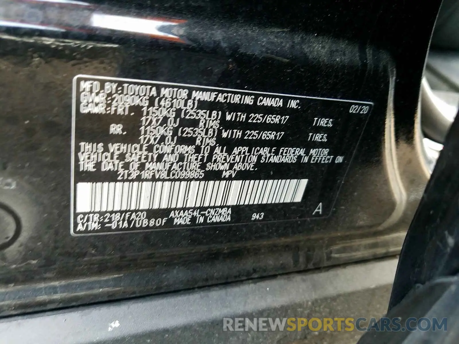 10 Photograph of a damaged car 2T3P1RFV8LC099865 TOYOTA RAV4 2020