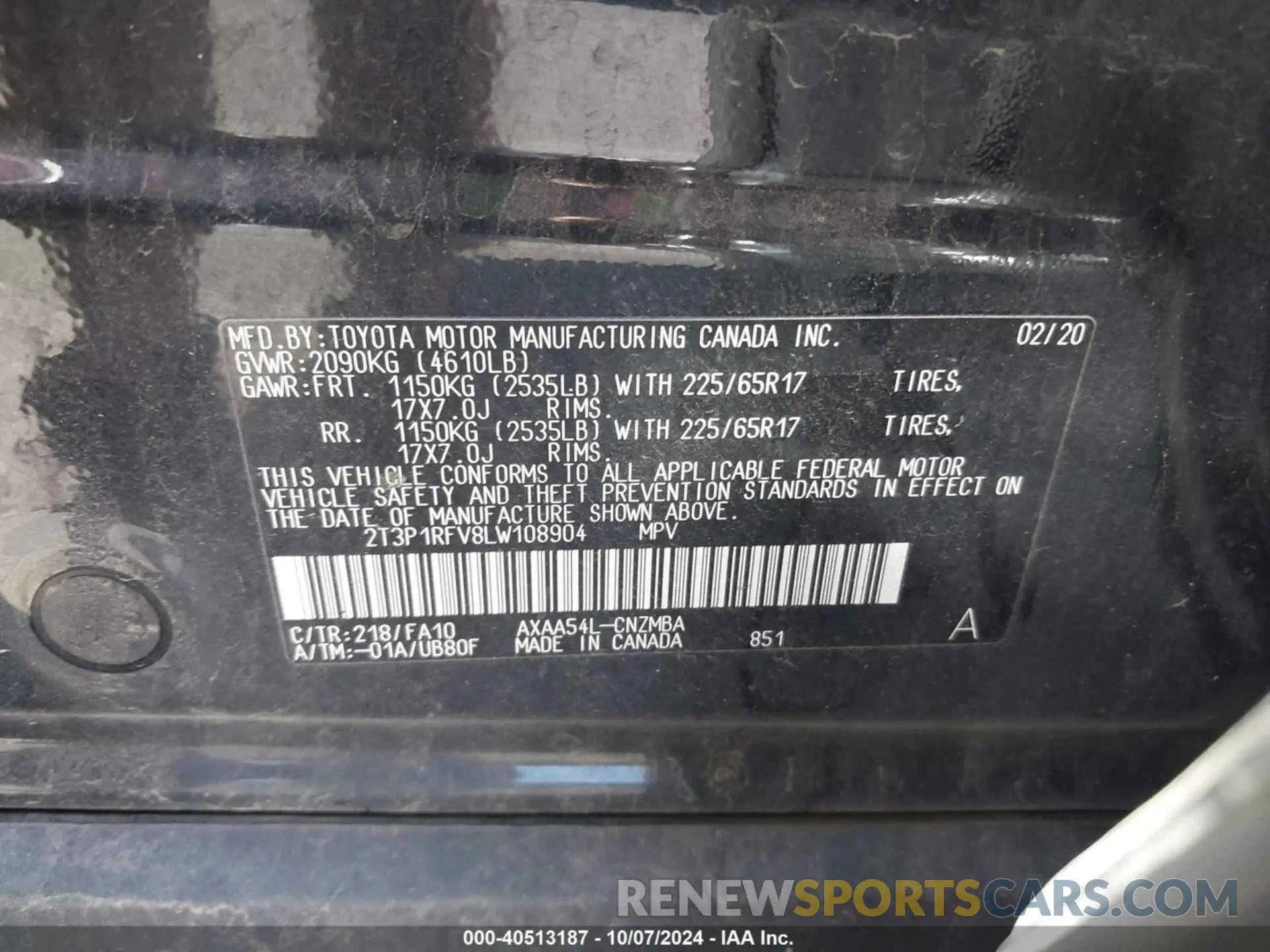 9 Фотография поврежденного автомобиля 2T3P1RFV8LW108904 TOYOTA RAV4 2020