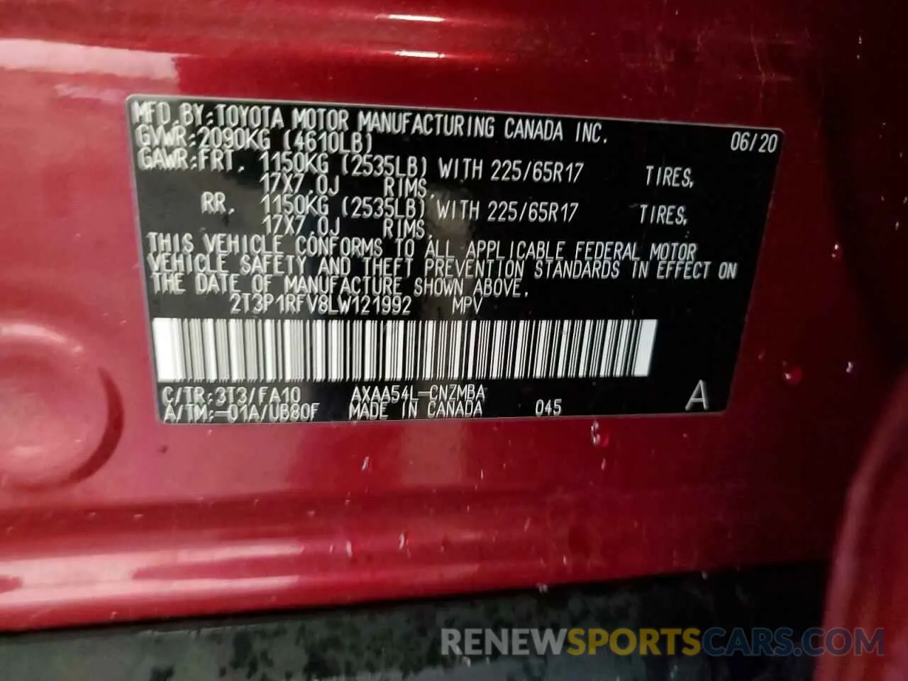14 Photograph of a damaged car 2T3P1RFV8LW121992 TOYOTA RAV4 2020