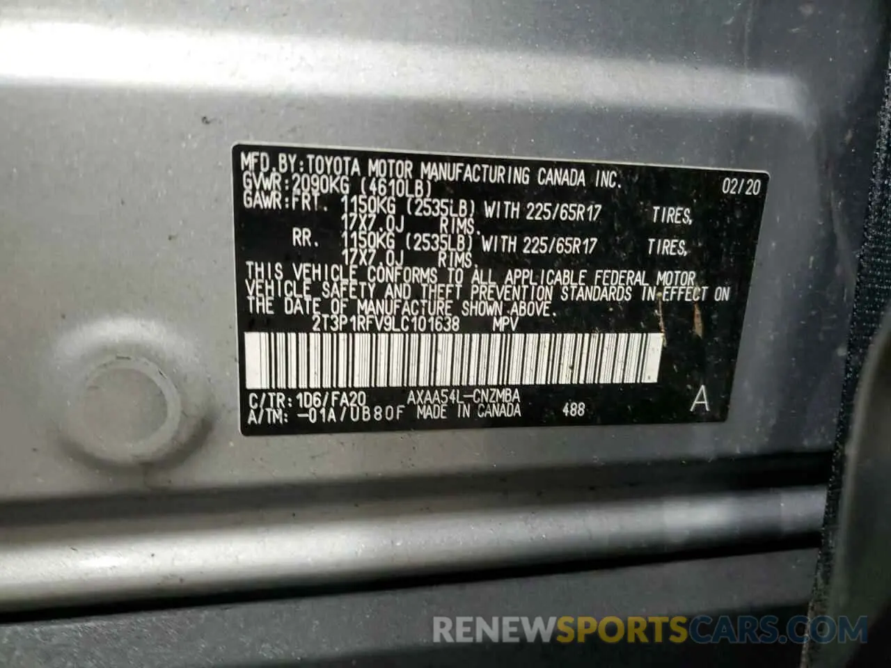 13 Photograph of a damaged car 2T3P1RFV9LC101638 TOYOTA RAV4 2020