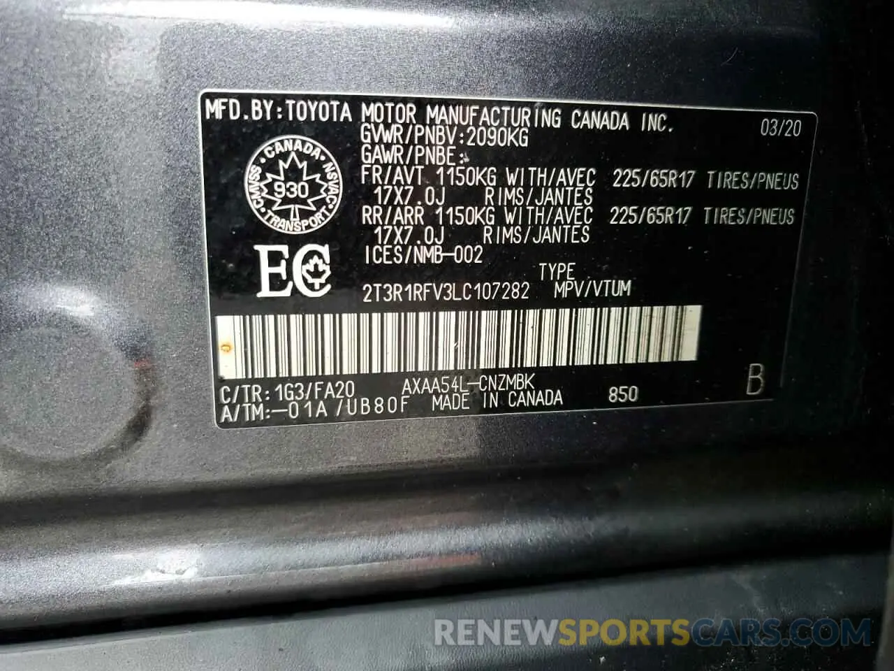 14 Photograph of a damaged car 2T3R1RFV3LC107282 TOYOTA RAV4 2020