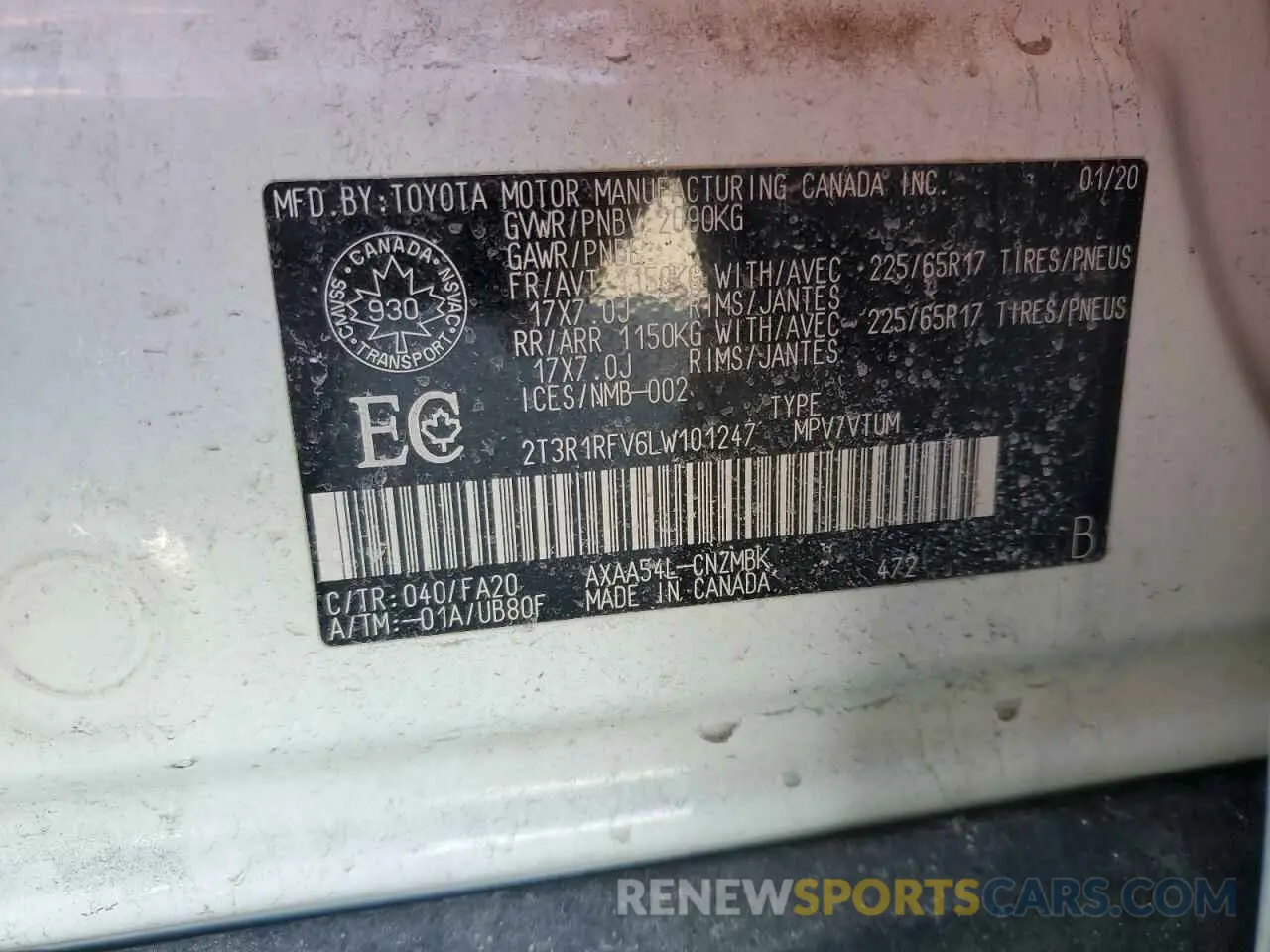 14 Photograph of a damaged car 2T3R1RFV6LW101247 TOYOTA RAV4 2020