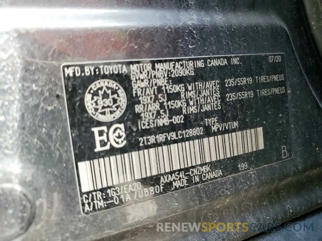 14 Photograph of a damaged car 2T3R1RFV9LC128802 TOYOTA RAV4 2020