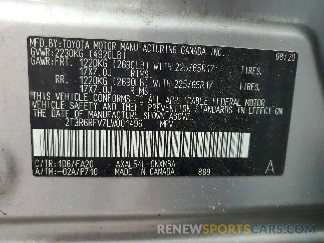 13 Фотография поврежденного автомобиля 2T3R6RFV7LW001496 TOYOTA RAV4 2020