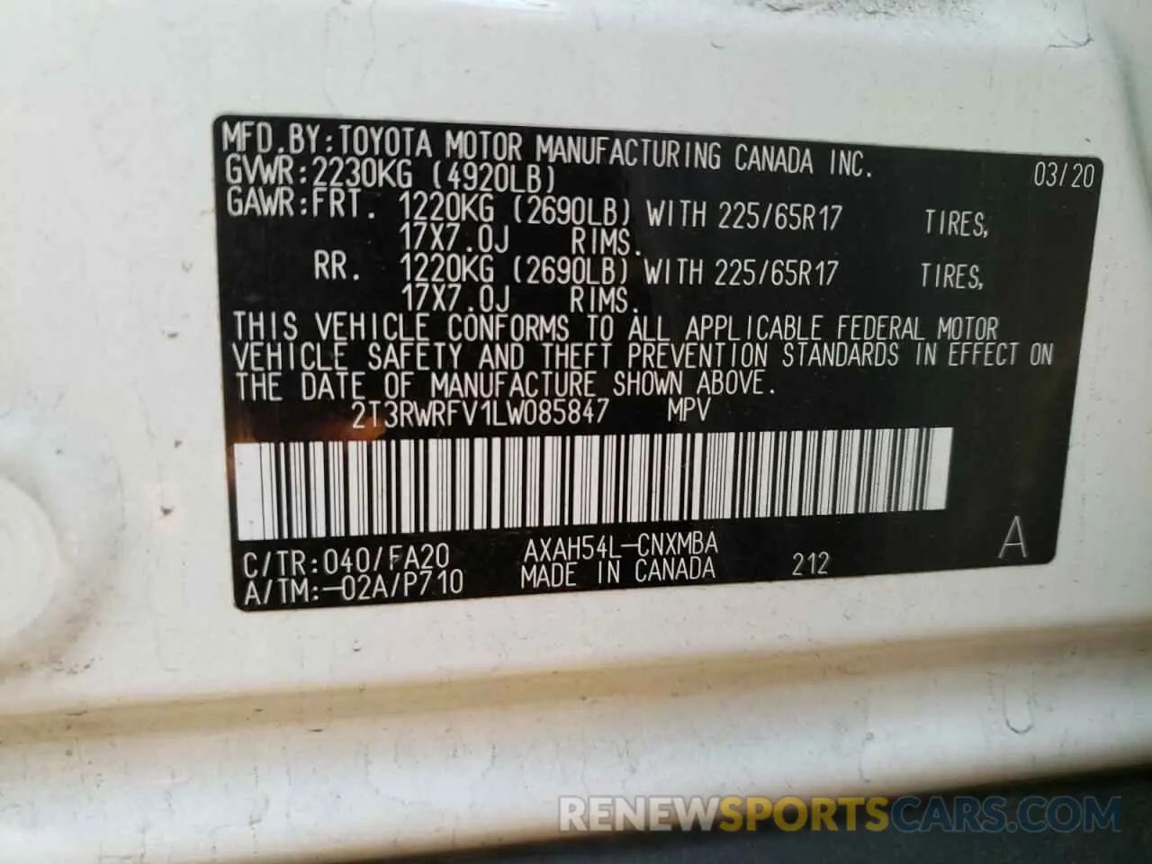 13 Фотография поврежденного автомобиля 2T3RWRFV1LW085847 TOYOTA RAV4 2020