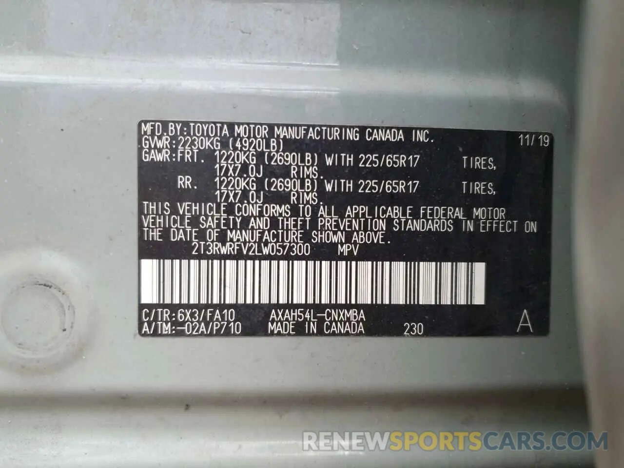13 Photograph of a damaged car 2T3RWRFV2LW057300 TOYOTA RAV4 2020