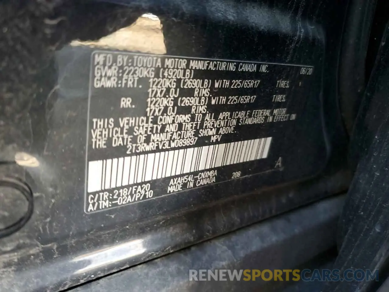 13 Photograph of a damaged car 2T3RWRFV3LW089897 TOYOTA RAV4 2020