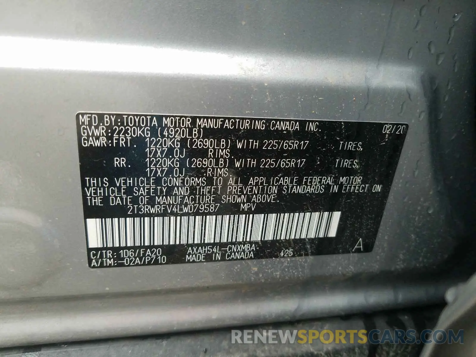10 Photograph of a damaged car 2T3RWRFV4LW079587 TOYOTA RAV4 2020
