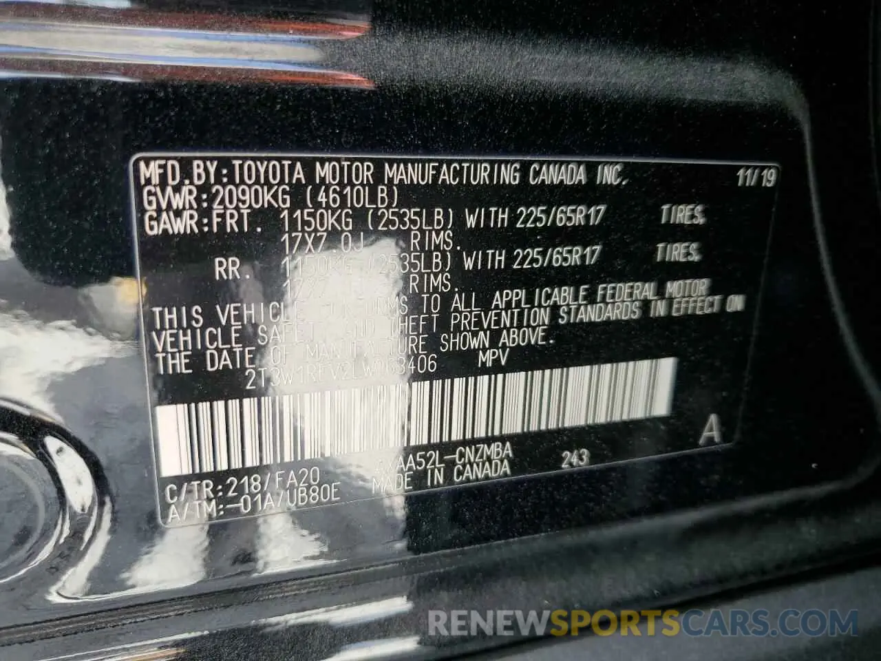 13 Photograph of a damaged car 2T3W1RFV2LW063406 TOYOTA RAV4 2020