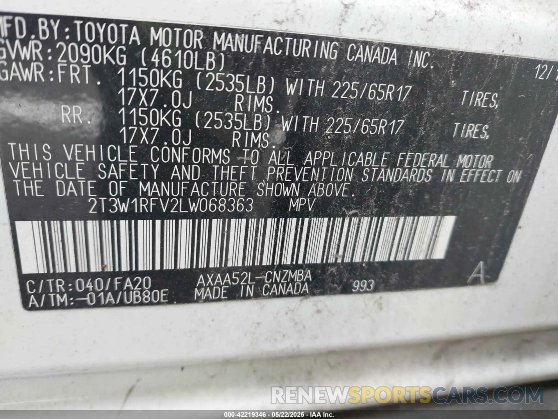 9 Фотография поврежденного автомобиля 2T3W1RFV2LW068363 TOYOTA RAV4 2020