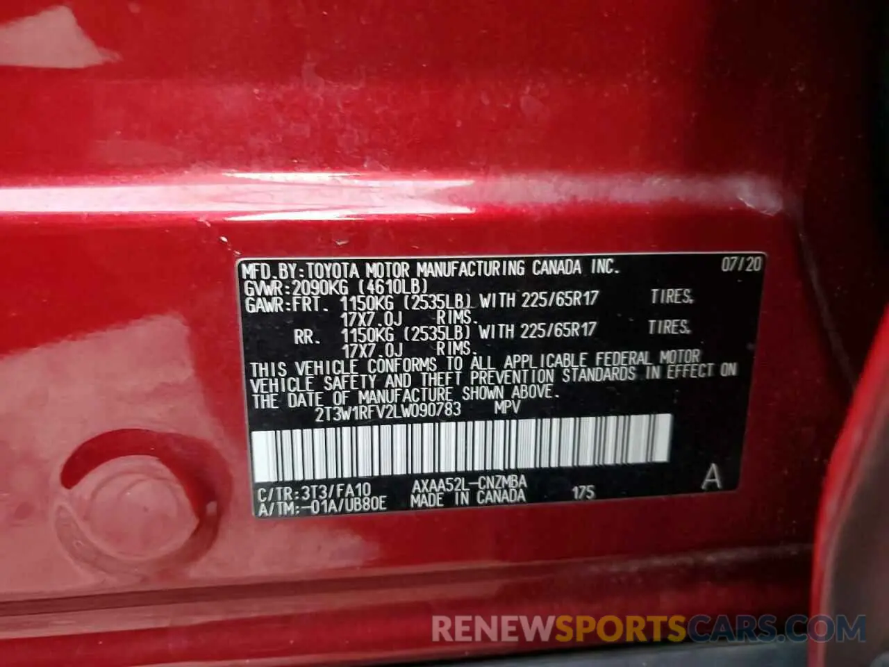 13 Фотография поврежденного автомобиля 2T3W1RFV2LW090783 TOYOTA RAV4 2020