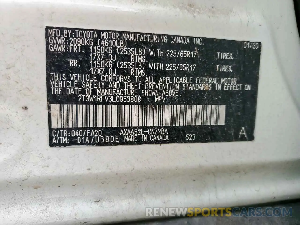 16 Photograph of a damaged car 2T3W1RFV3LC053808 TOYOTA RAV4 2020