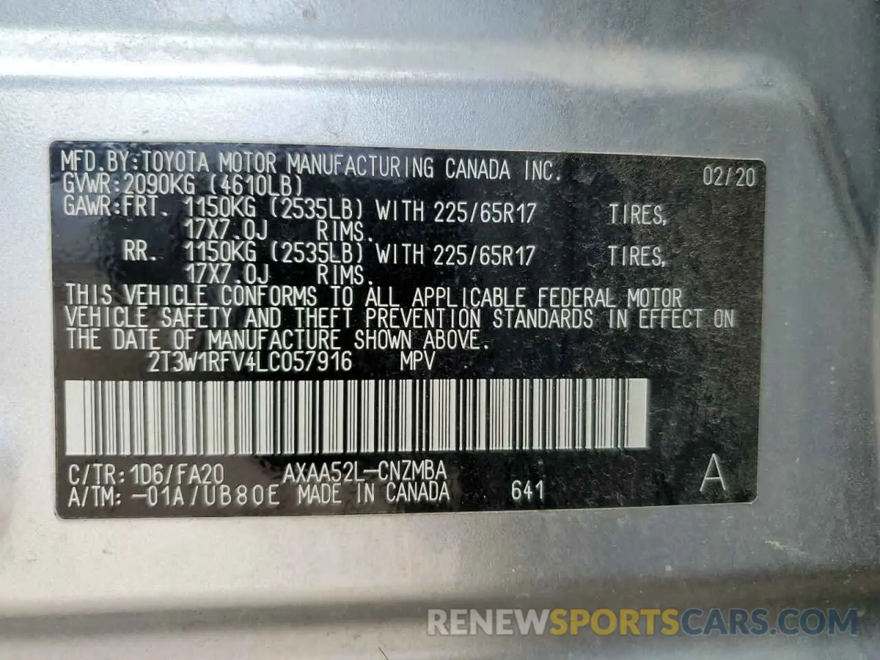 14 Фотография поврежденного автомобиля 2T3W1RFV4LC057916 TOYOTA RAV4 2020