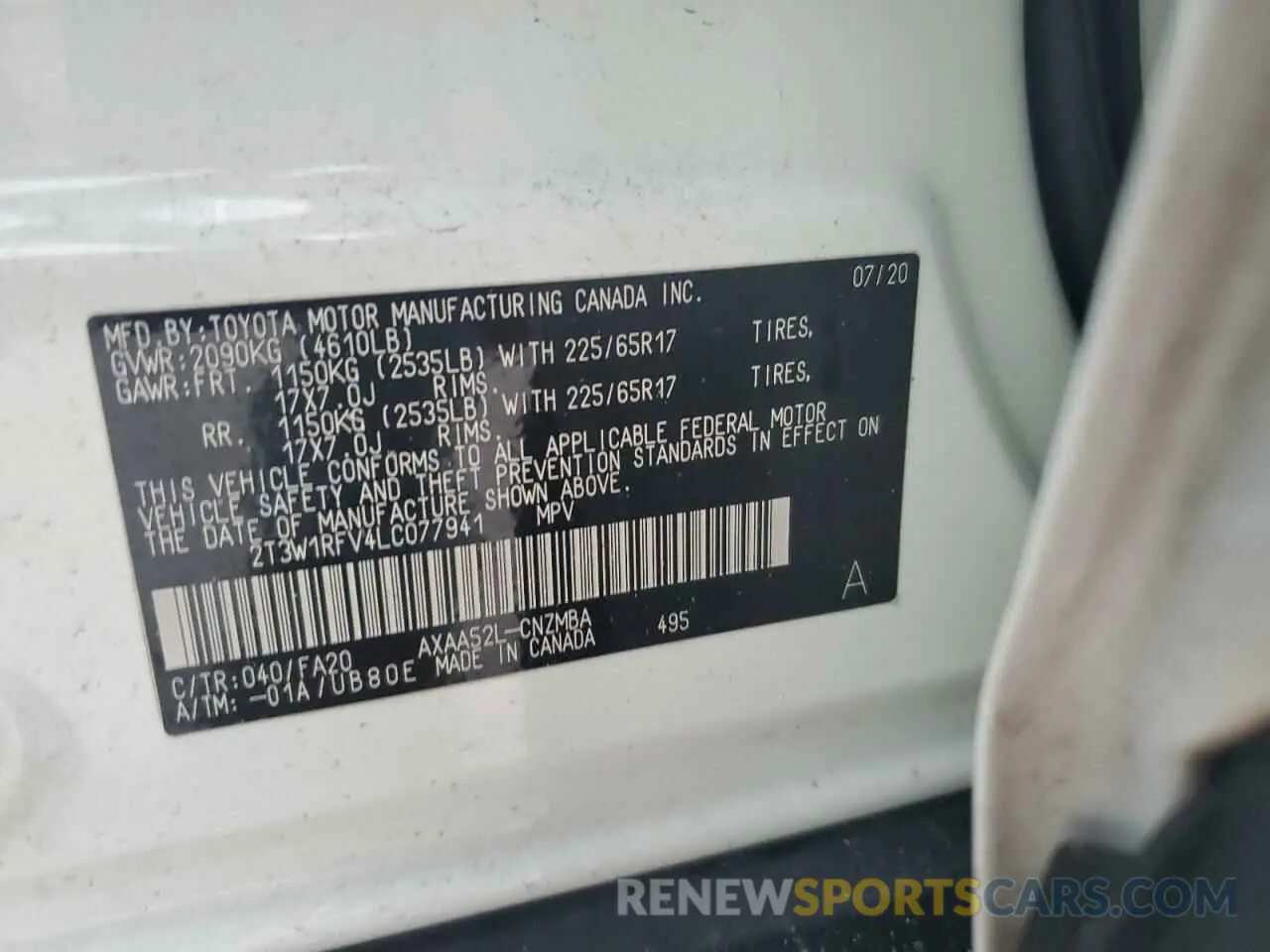 14 Photograph of a damaged car 2T3W1RFV4LC077941 TOYOTA RAV4 2020