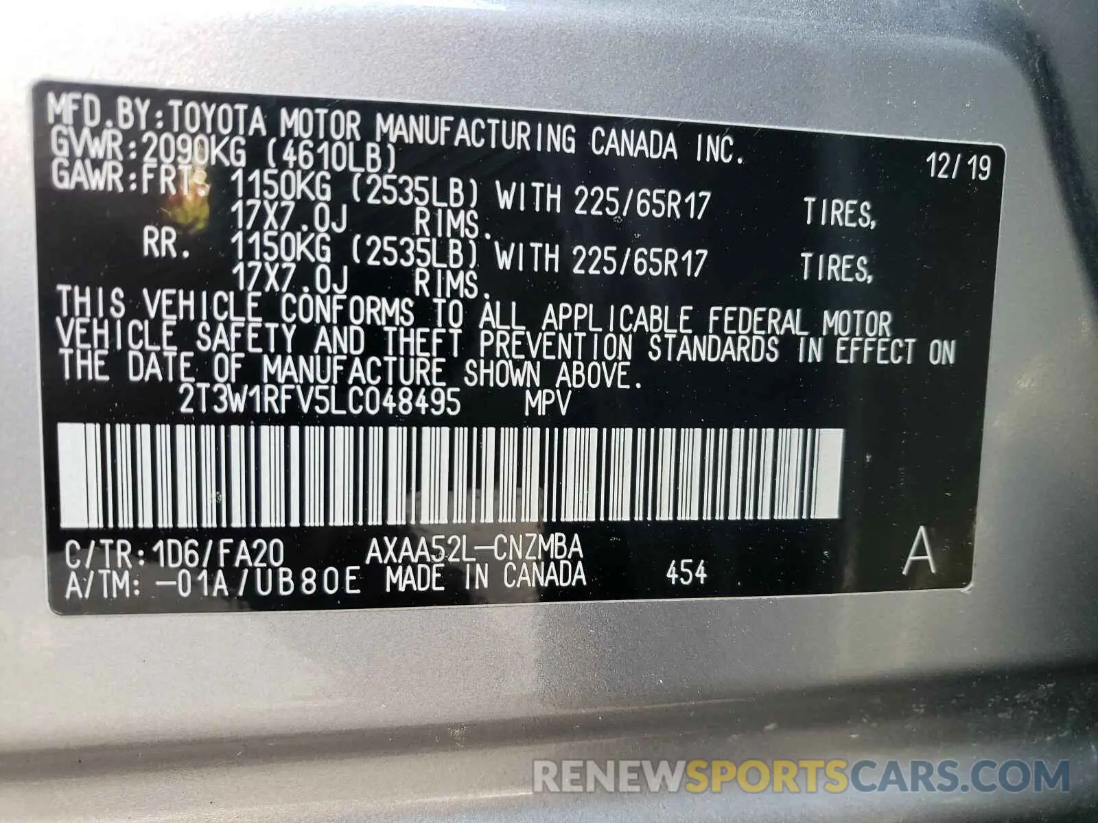 10 Photograph of a damaged car 2T3W1RFV5LC048495 TOYOTA RAV4 2020