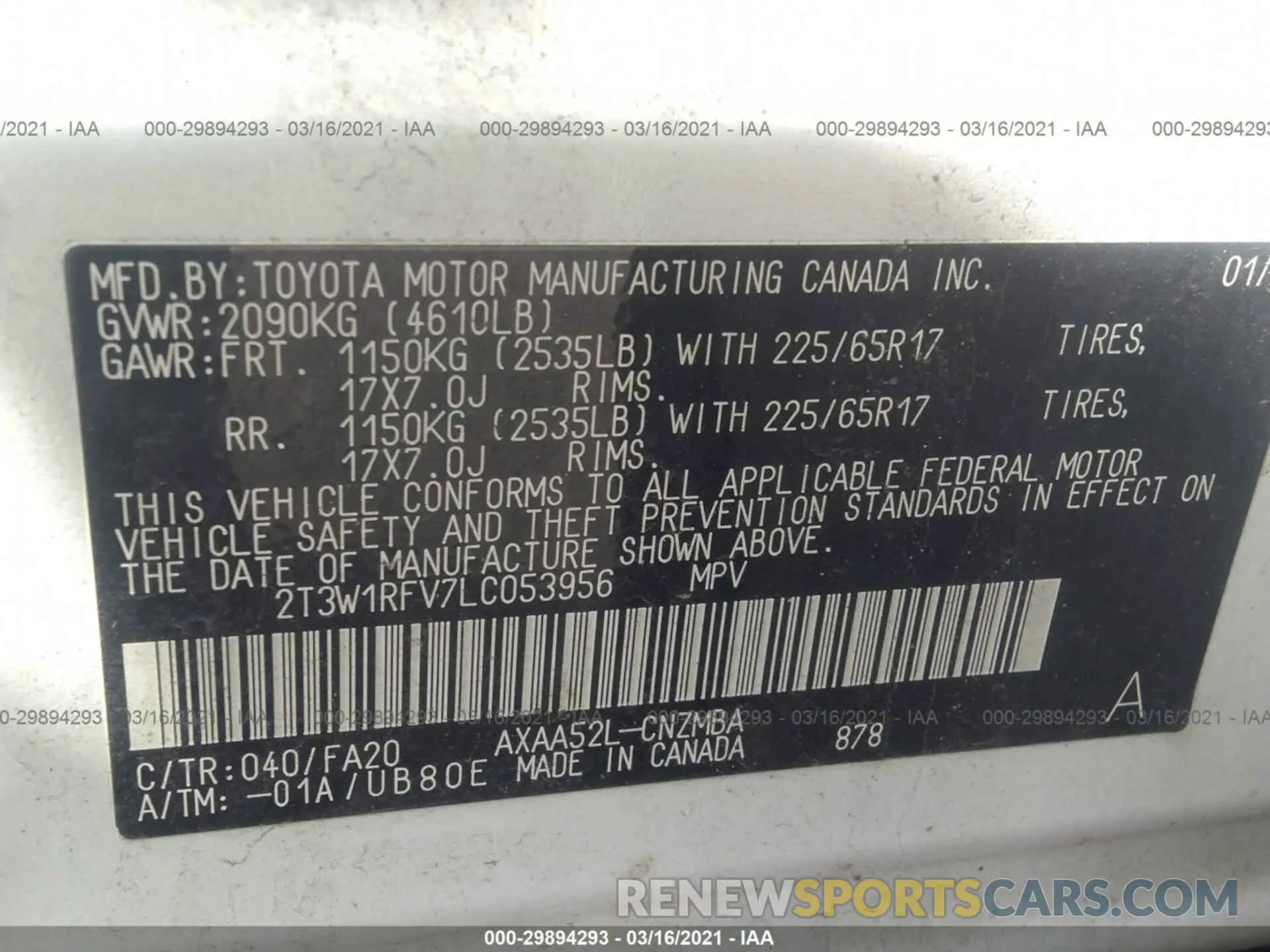 9 Photograph of a damaged car 2T3W1RFV7LC053956 TOYOTA RAV4 2020