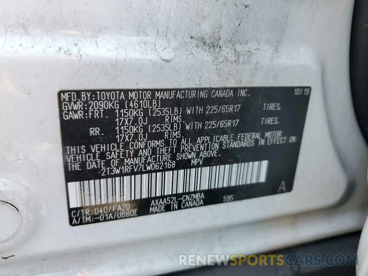 14 Photograph of a damaged car 2T3W1RFV7LW062168 TOYOTA RAV4 2020