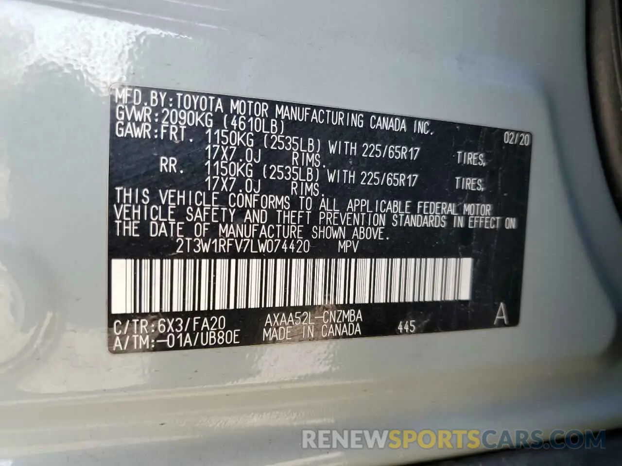 13 Фотография поврежденного автомобиля 2T3W1RFV7LW074420 TOYOTA RAV4 2020