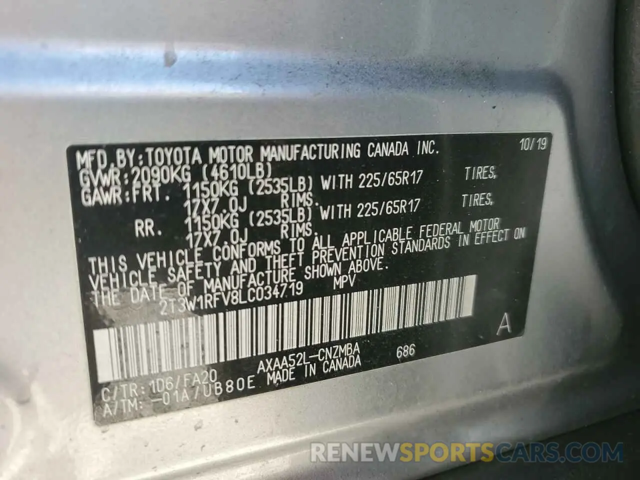 13 Photograph of a damaged car 2T3W1RFV8LC034719 TOYOTA RAV4 2020