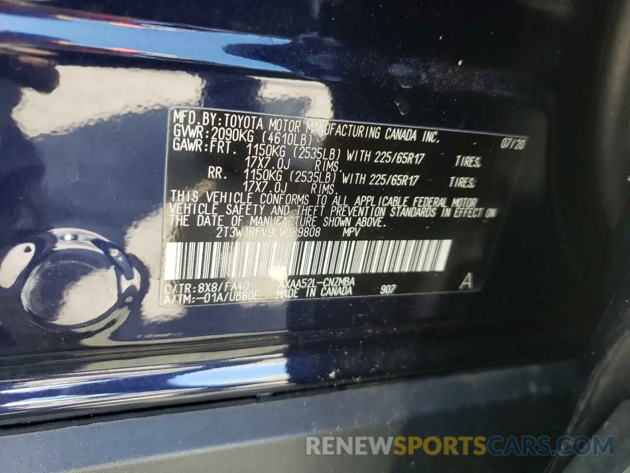 10 Photograph of a damaged car 2T3W1RFV9LW089808 TOYOTA RAV4 2020