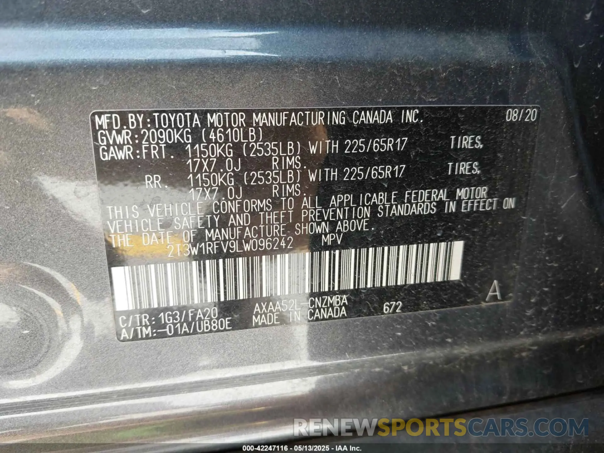 9 Photograph of a damaged car 2T3W1RFV9LW096242 TOYOTA RAV4 2020