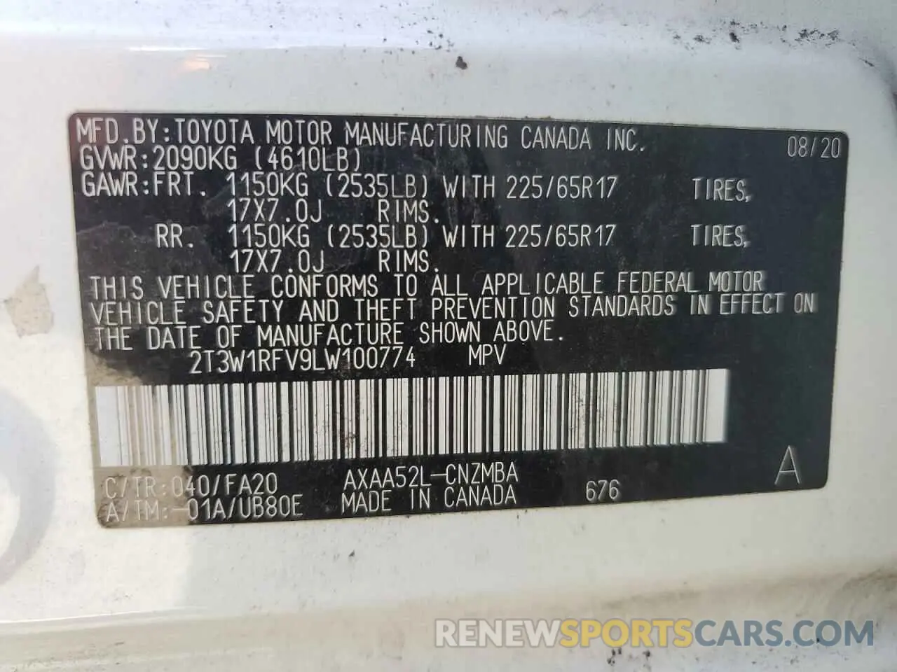 12 Photograph of a damaged car 2T3W1RFV9LW100774 TOYOTA RAV4 2020