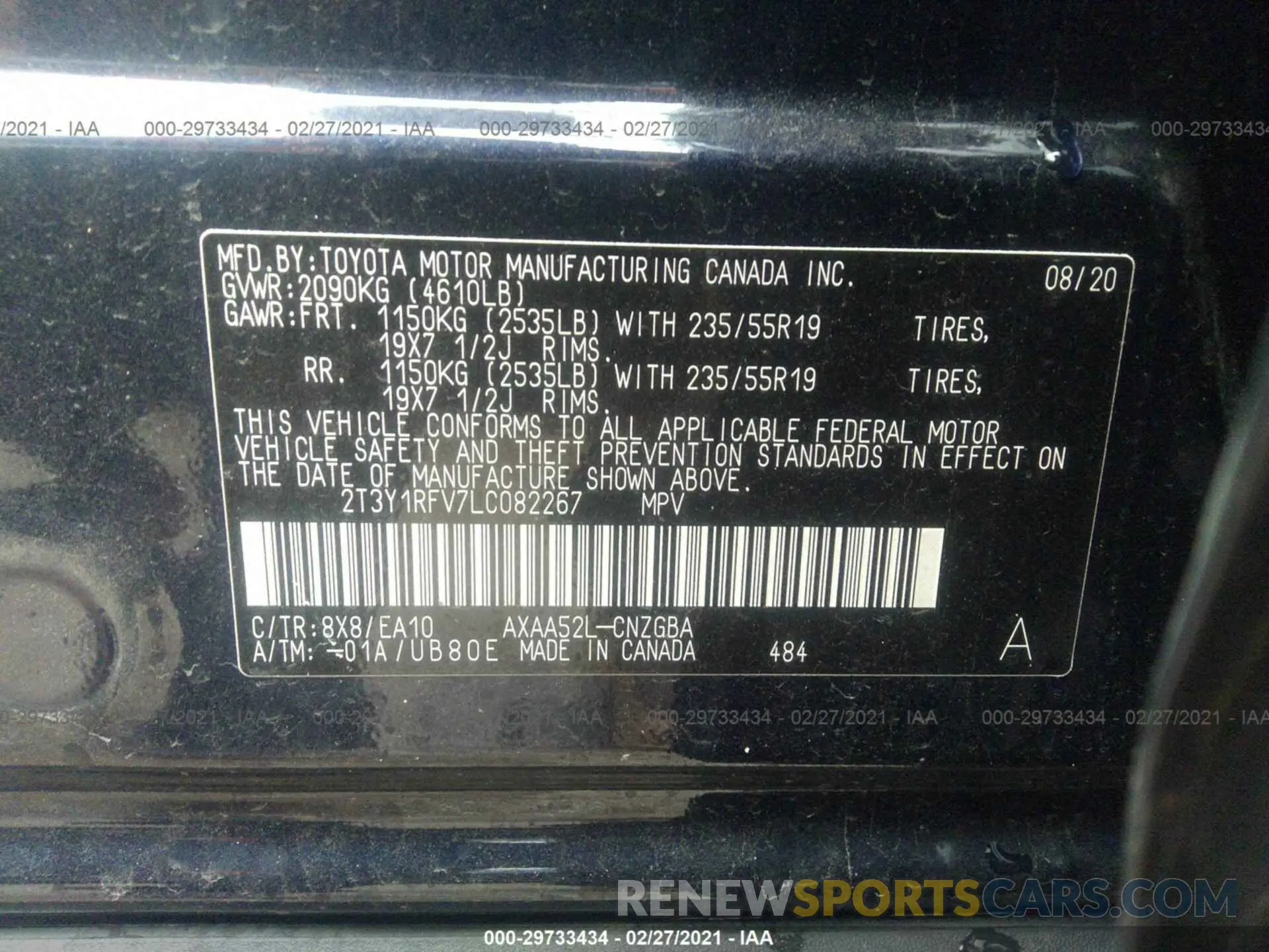 9 Photograph of a damaged car 2T3Y1RFV7LC082267 TOYOTA RAV4 2020