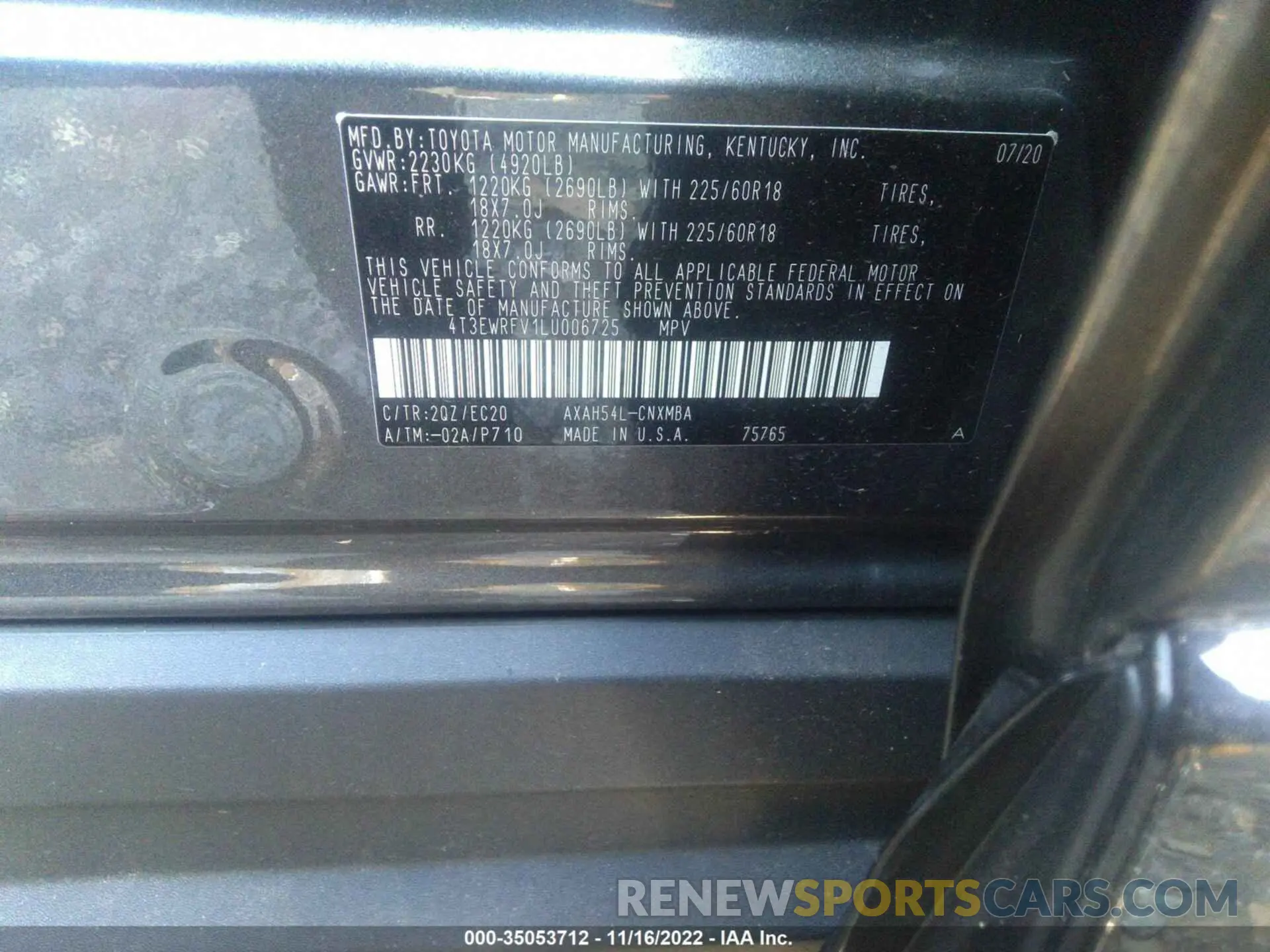 9 Photograph of a damaged car 4T3EWRFV1LU006725 TOYOTA RAV4 2020
