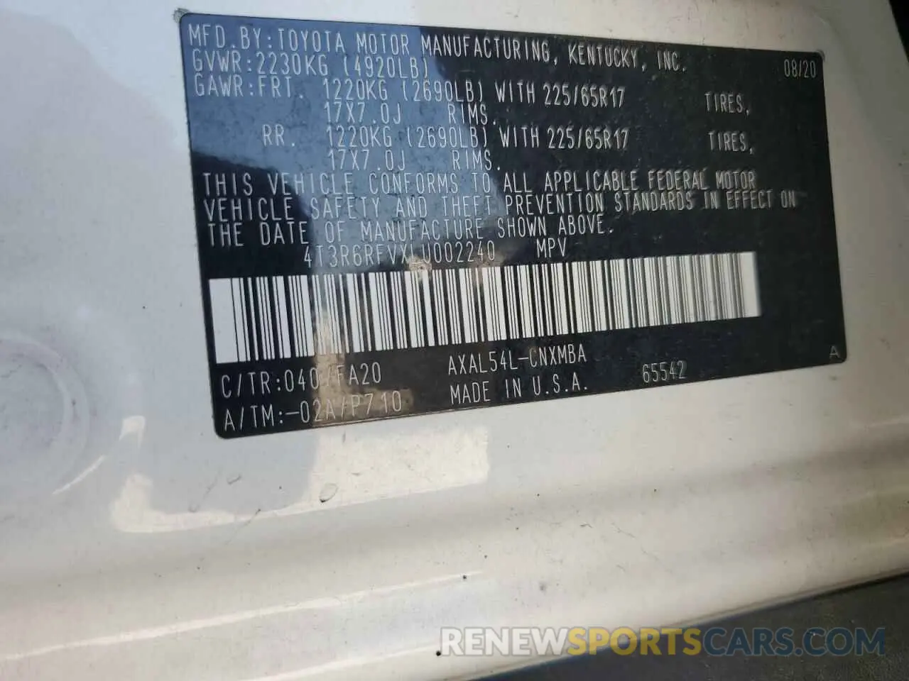 12 Photograph of a damaged car 4T3R6RFVXLU002240 TOYOTA RAV4 2020