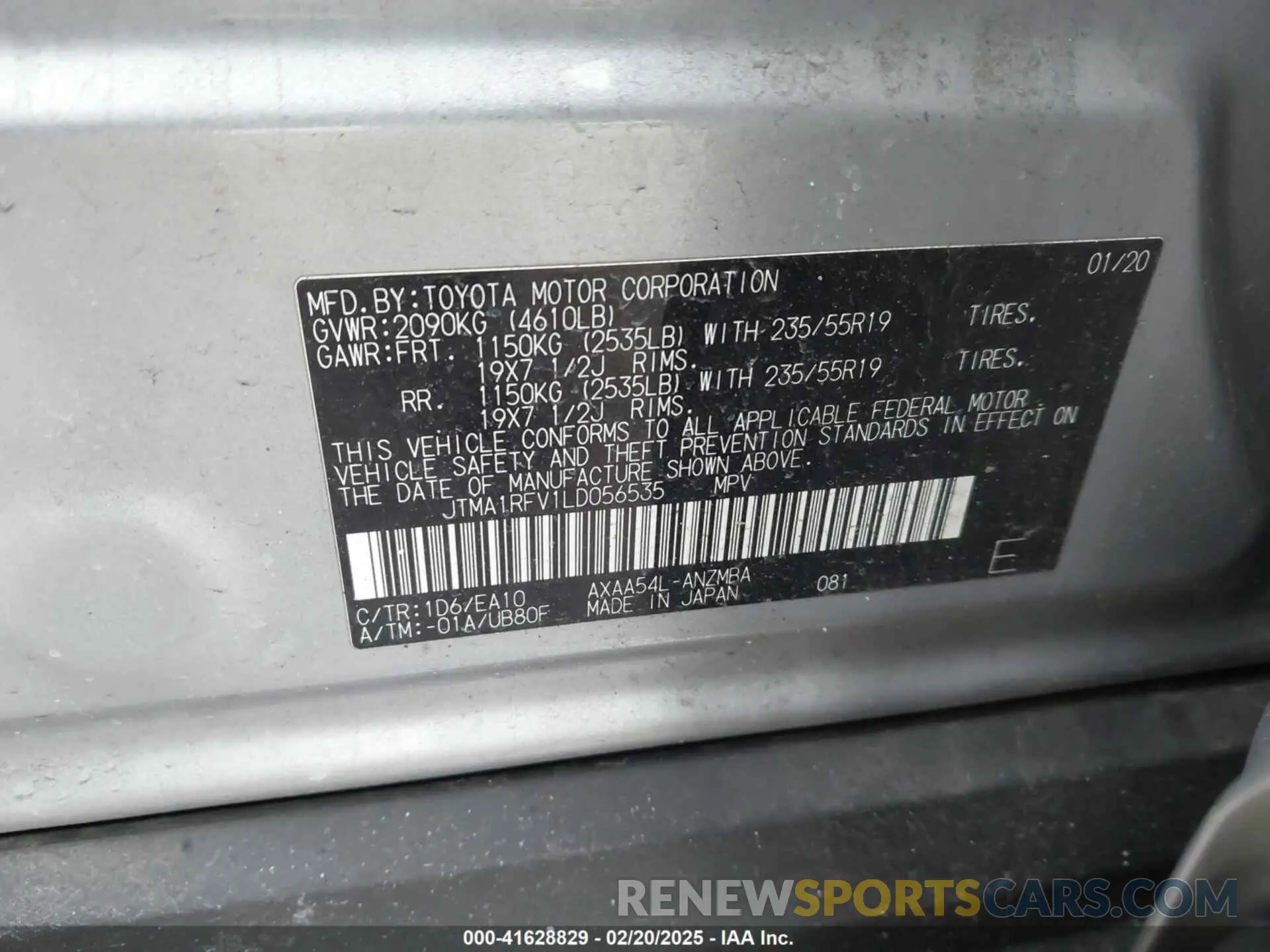 9 Фотография поврежденного автомобиля JTMA1RFV1LD056535 TOYOTA RAV4 2020