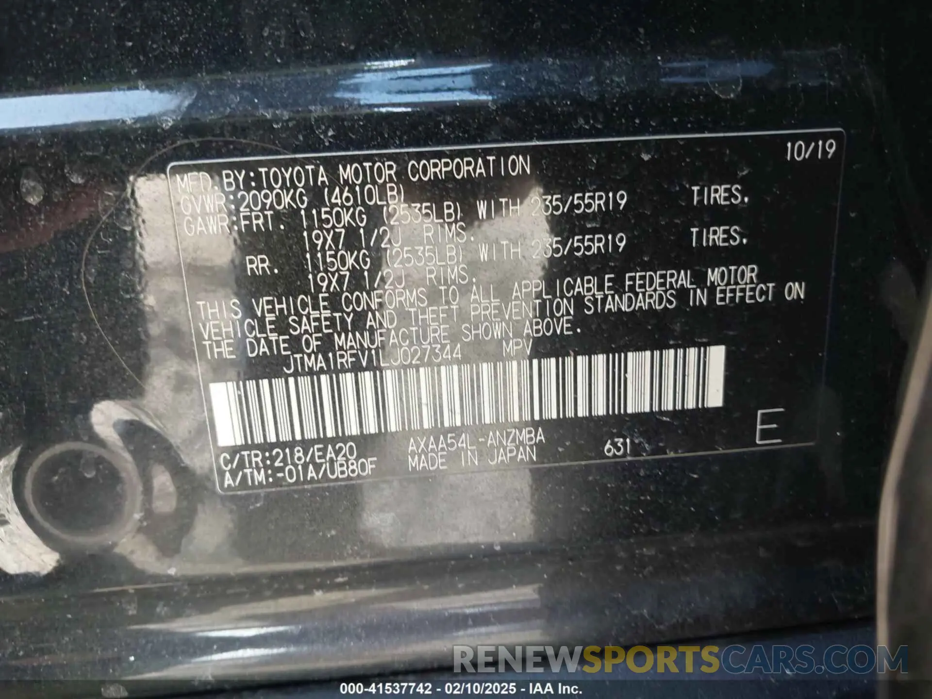 9 Photograph of a damaged car JTMA1RFV1LJ027344 TOYOTA RAV4 2020