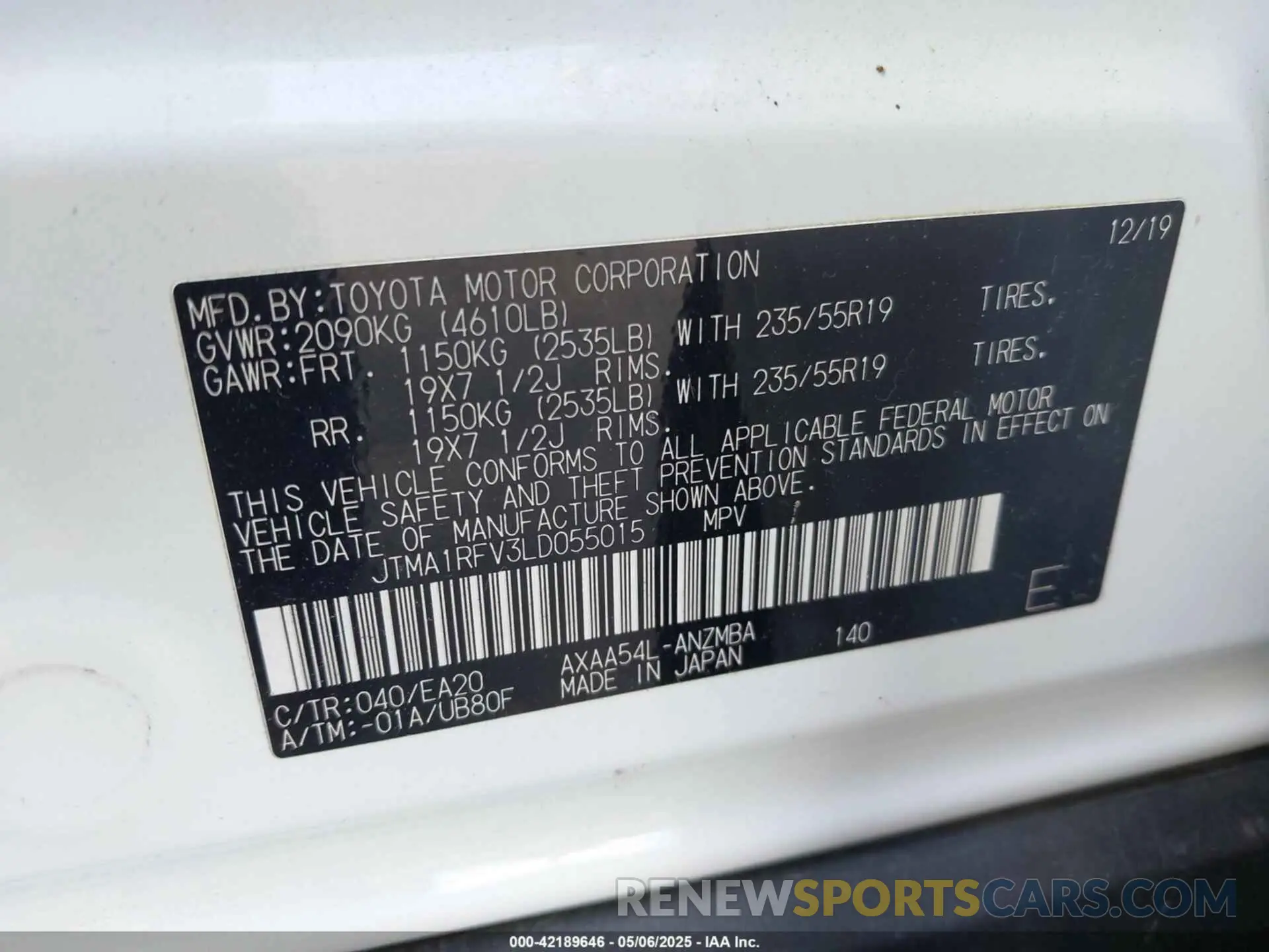 9 Photograph of a damaged car JTMA1RFV3LD055015 TOYOTA RAV4 2020