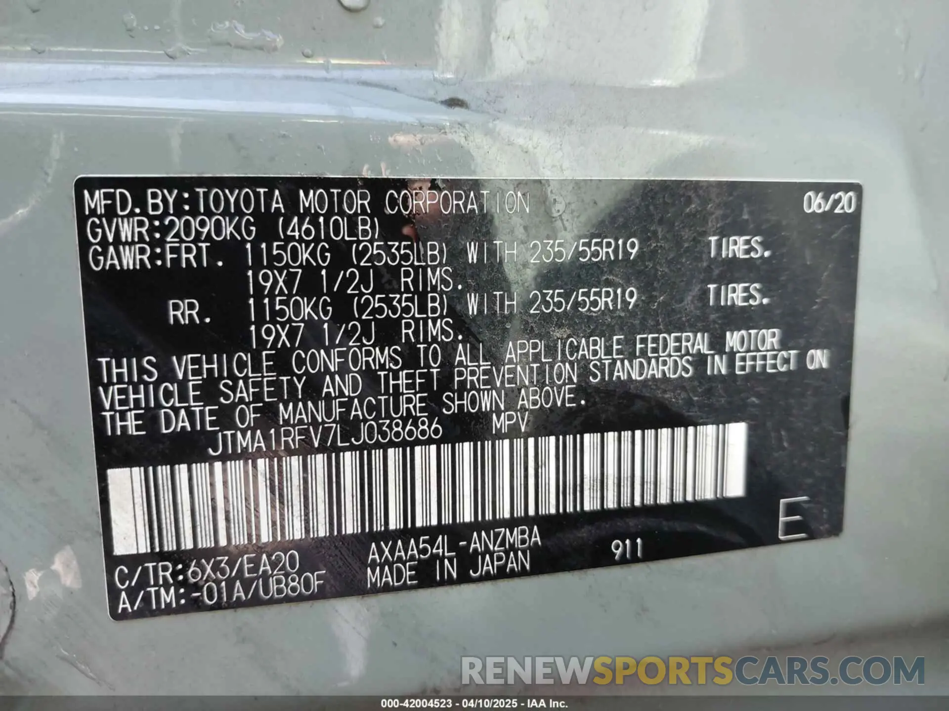 9 Фотография поврежденного автомобиля JTMA1RFV7LJ038686 TOYOTA RAV4 2020