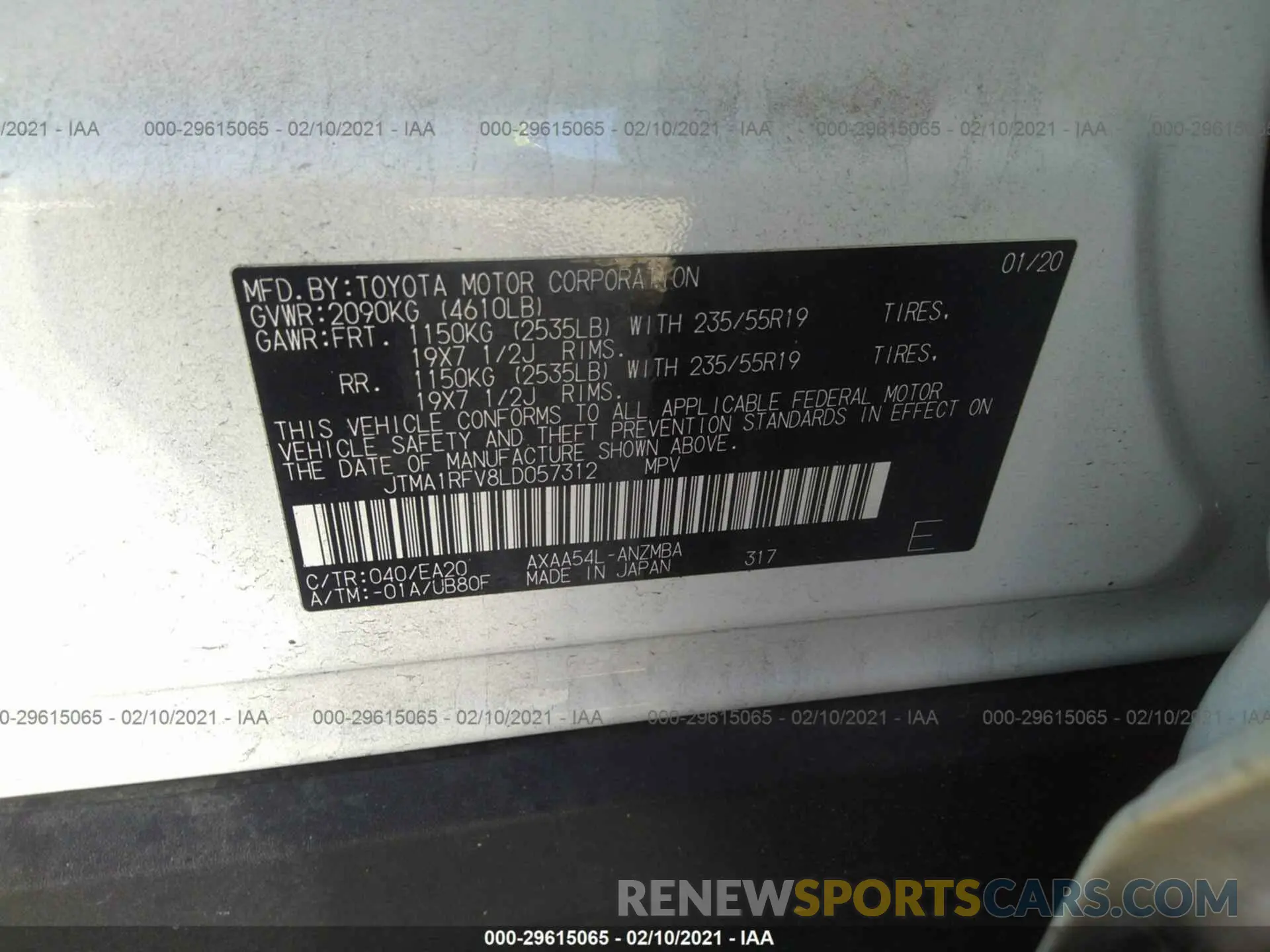 9 Photograph of a damaged car JTMA1RFV8LD057312 TOYOTA RAV4 2020