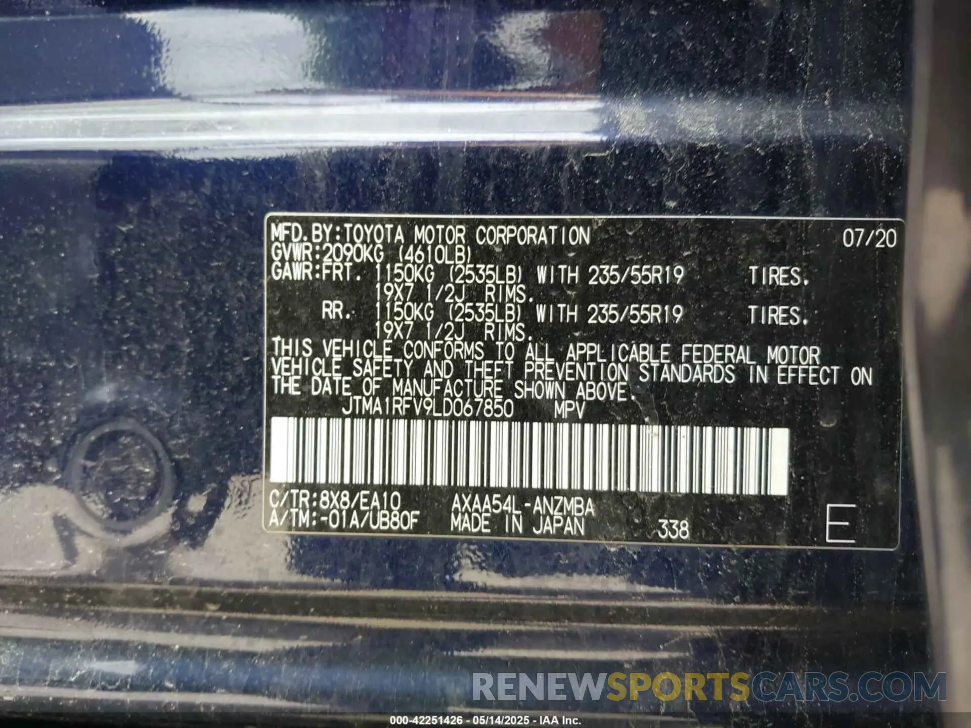 9 Фотография поврежденного автомобиля JTMA1RFV9LD067850 TOYOTA RAV4 2020