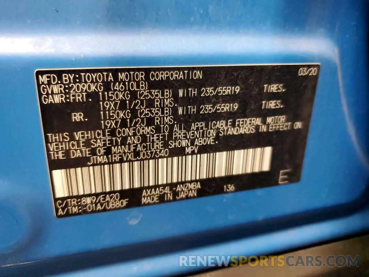 14 Фотография поврежденного автомобиля JTMA1RFVXLJ037340 TOYOTA RAV4 2020