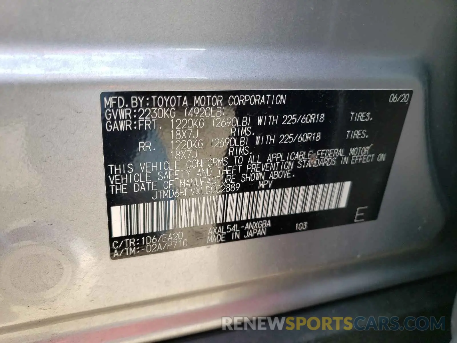10 Photograph of a damaged car JTMD6RFVXLD002889 TOYOTA RAV4 2020