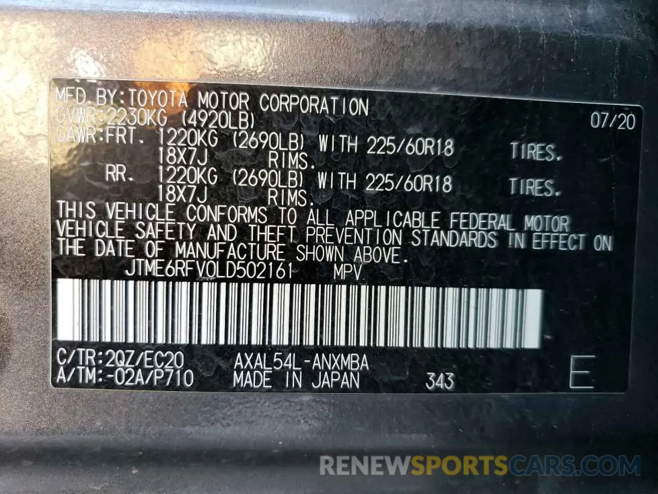 13 Photograph of a damaged car JTME6RFV0LD502161 TOYOTA RAV4 2020