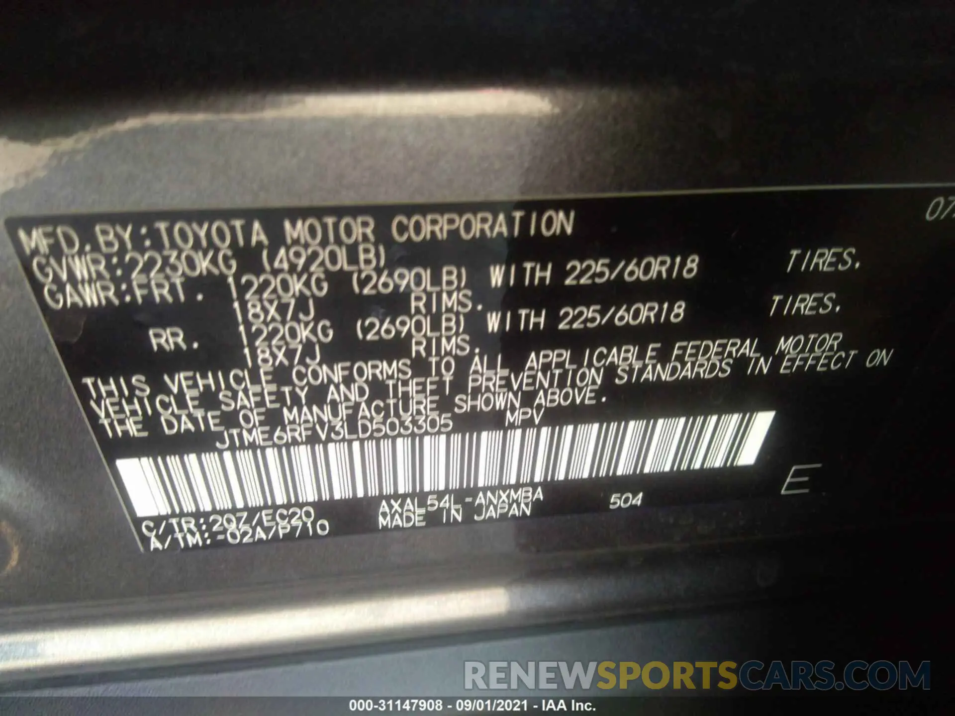 9 Photograph of a damaged car JTME6RFV3LD503305 TOYOTA RAV4 2020