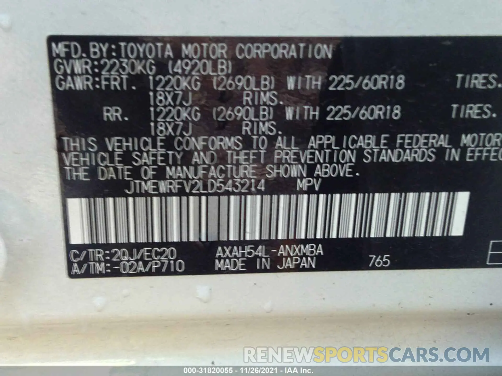 9 Photograph of a damaged car JTMEWRFV2LD543214 TOYOTA RAV4 2020