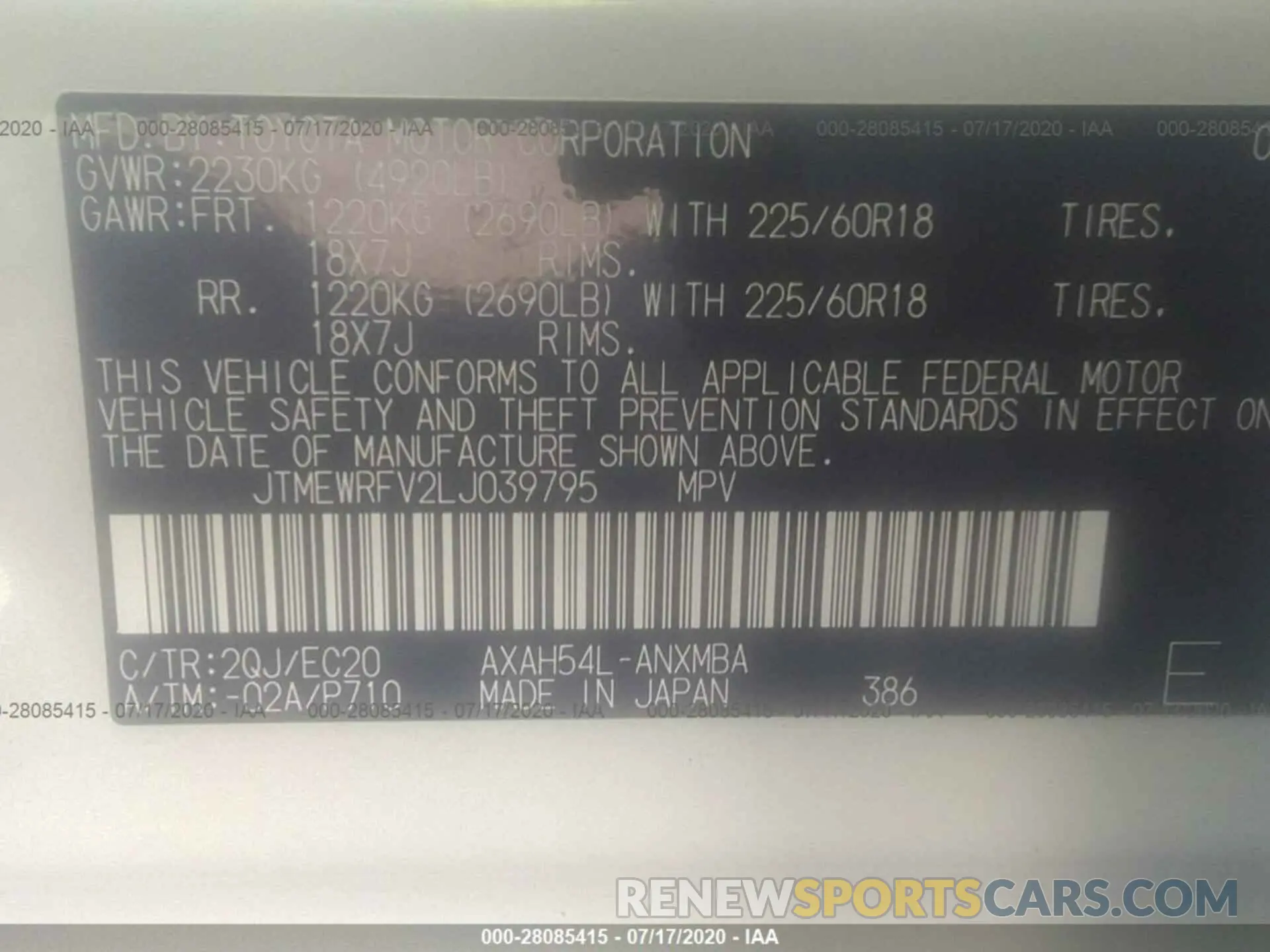 9 Photograph of a damaged car JTMEWRFV2LJ039795 TOYOTA RAV4 2020